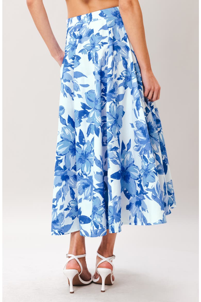 Floral Print Pleated Cotton Twill Midi Skirt, Alternate, color, OFF WHITE BLUE