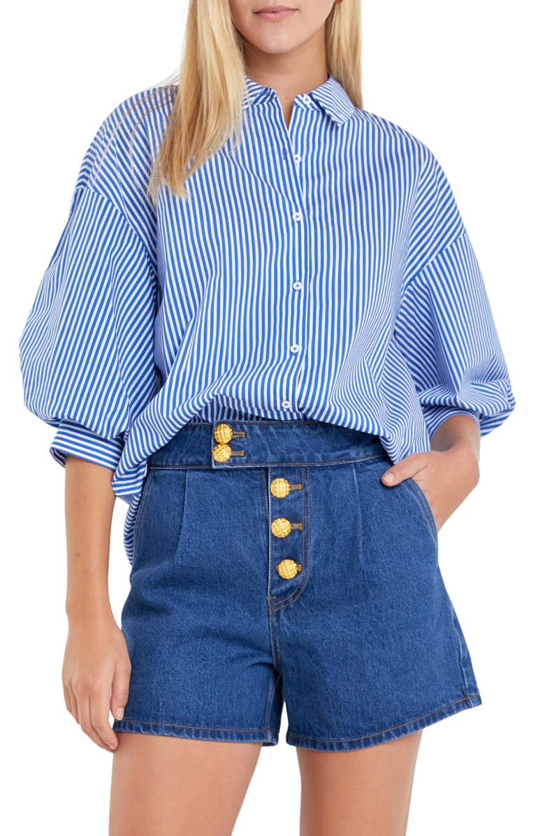 English Factory Stripe Balloon Sleeve Shirt, Main, color, Blue