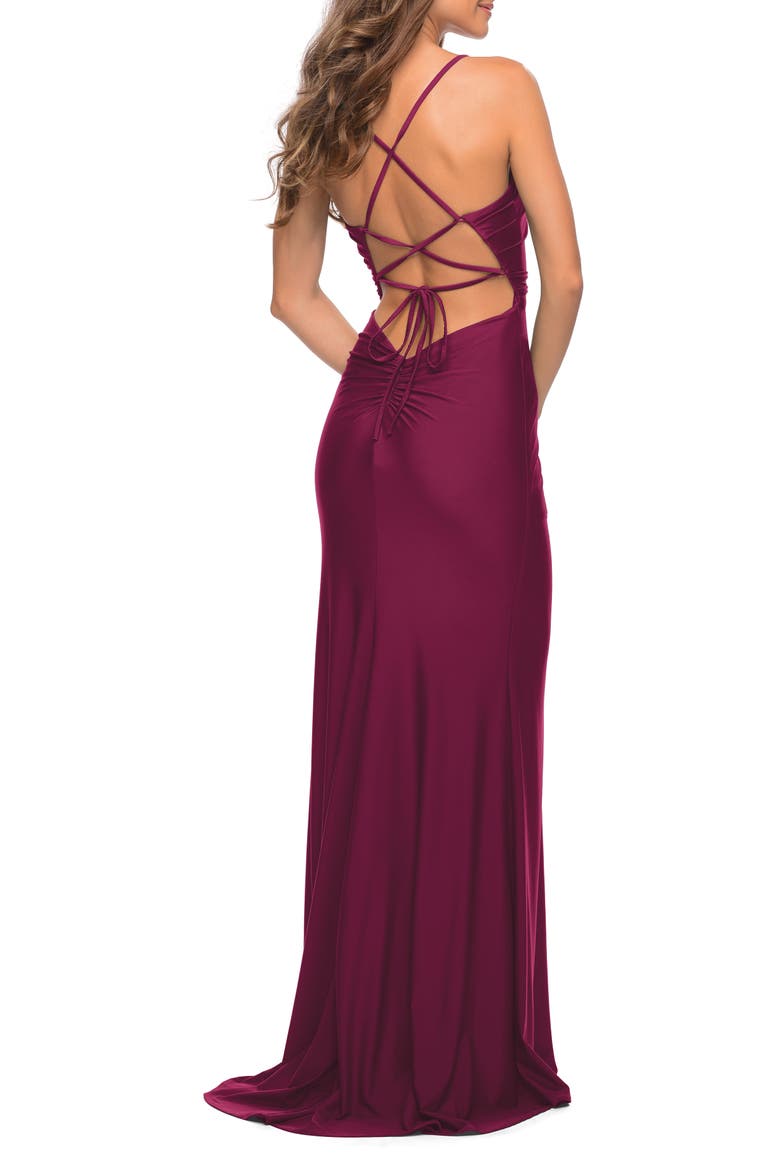 Jersey Luxe Gown with Draped Slit and Strappy Back, Alternate, color, Berry