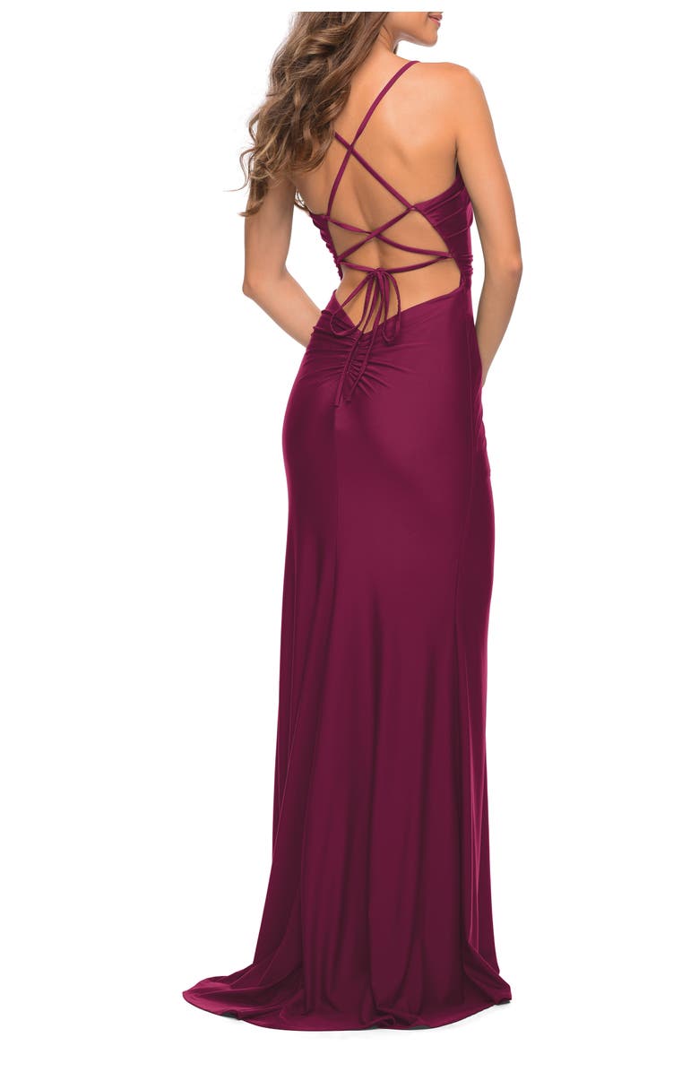 La Femme Jersey Luxe Gown with Draped Slit and Strappy Back, Alternate, color, Berry