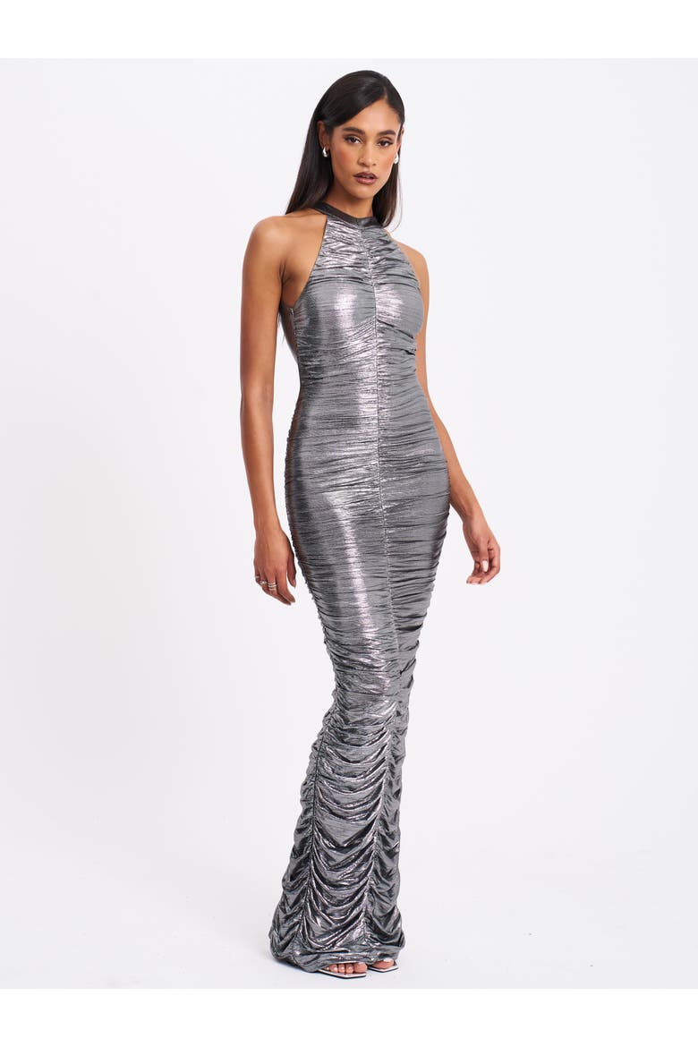 Abril Ruched Glitter Backless Gown, Alternate, color, Silver