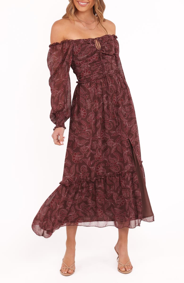 Petal & Pup Keziah Long Sleeve Off the Shoulder Dress, Alternate, color, Burgundy Paisley