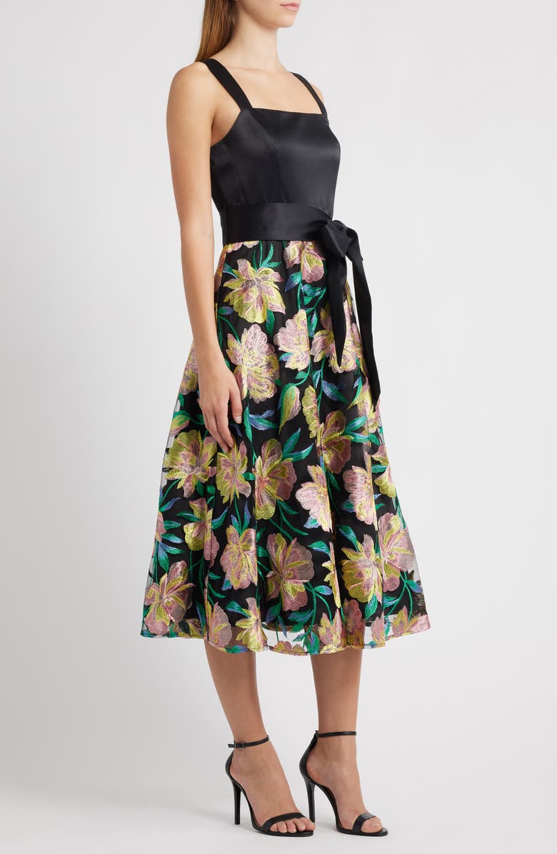 Tahari ASL Embroidered Sleeveless Satin Dress, Alternate, color, Black Multi