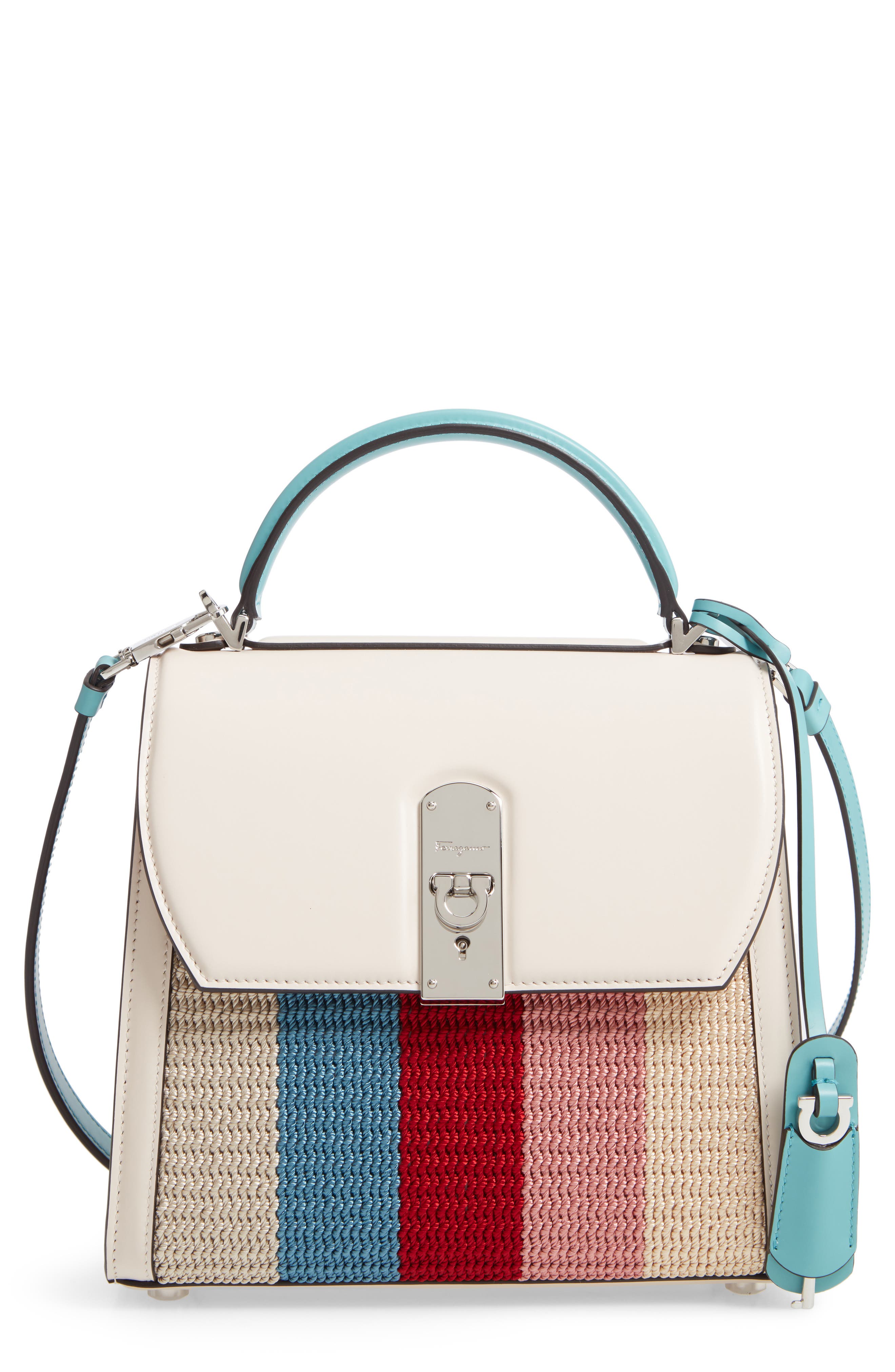 FERRAGAMO Salvatore Ferragamo Medium Boxyz Leather & Knit Satchel, Main, color, 