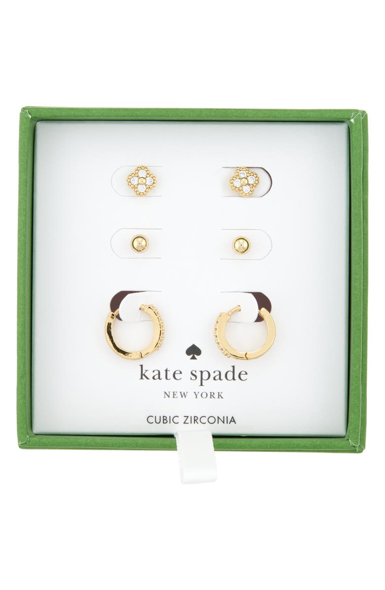 Kate Spade New York 3-pack assorted mini stud & hoop earrings, Main, color, Clear / Gold