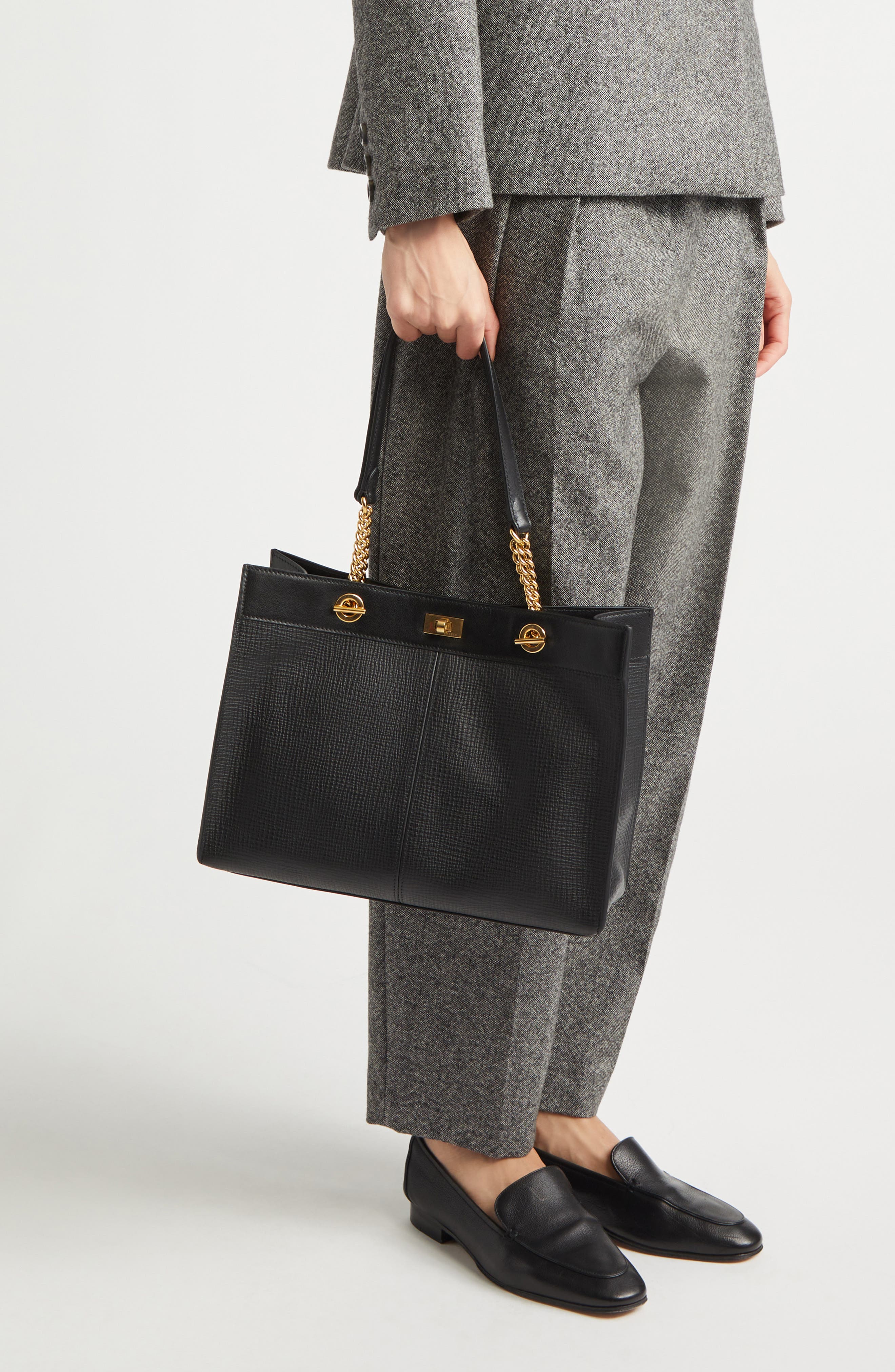 Anya Hindmarch Small Mortimer Eyelet Chain Crosshatch Leather Tote, Alternate, color, Black