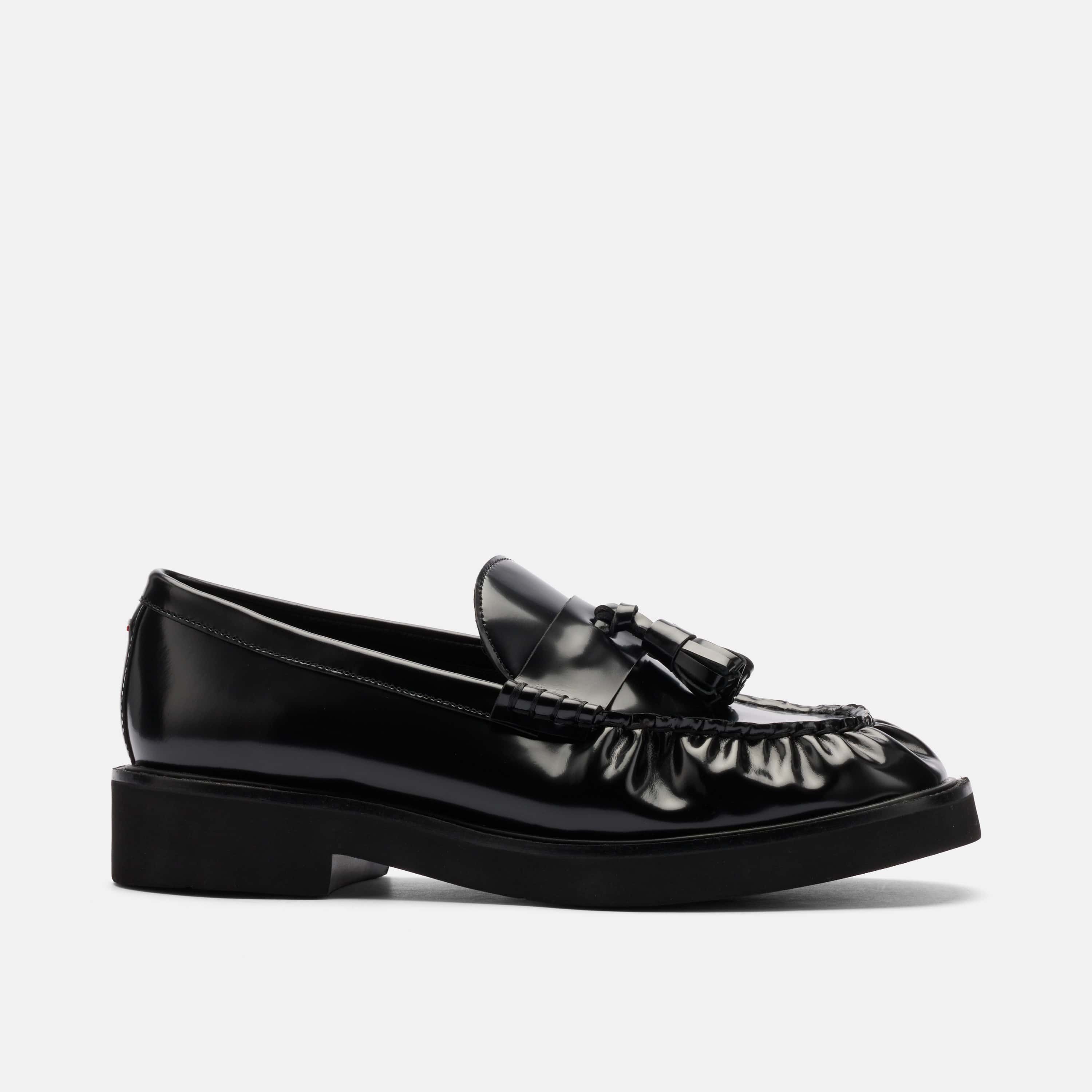 Ella Black Pleated Leather Tassel Loafer, Alternate, color, Black