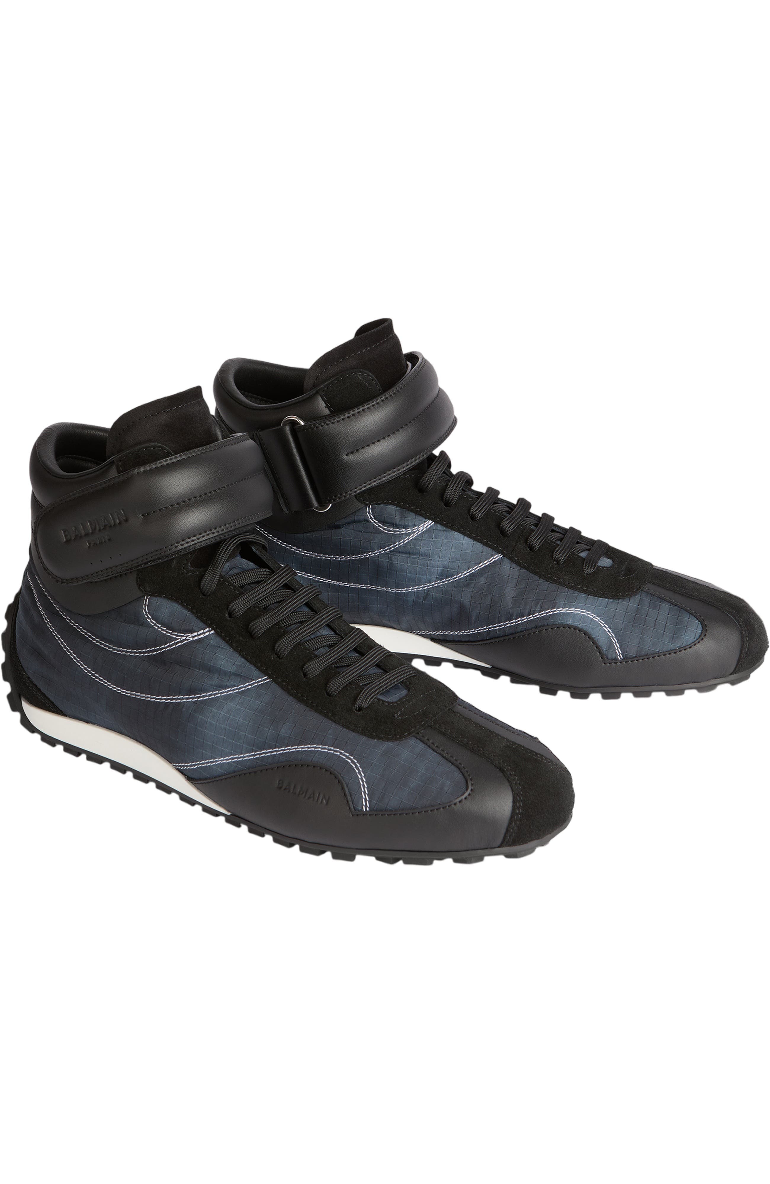 Racing Mid-Top trainers in nylon and leather, Main, color, black