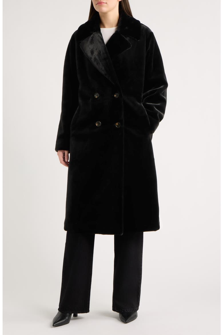 Faux Fur Double Breasted Long Coat, Main, color, BLACK