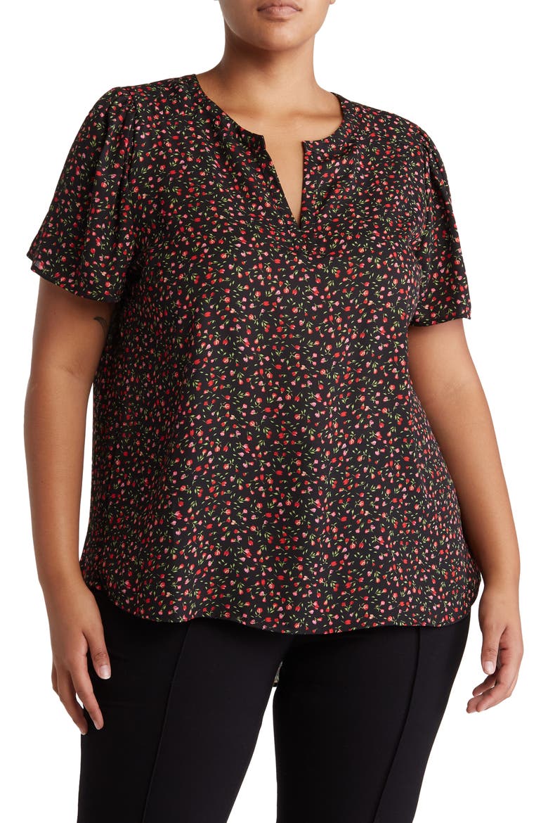 Floral Flutter Sleeve Blouse, Main, color, BLACK PINK ROSEBUD