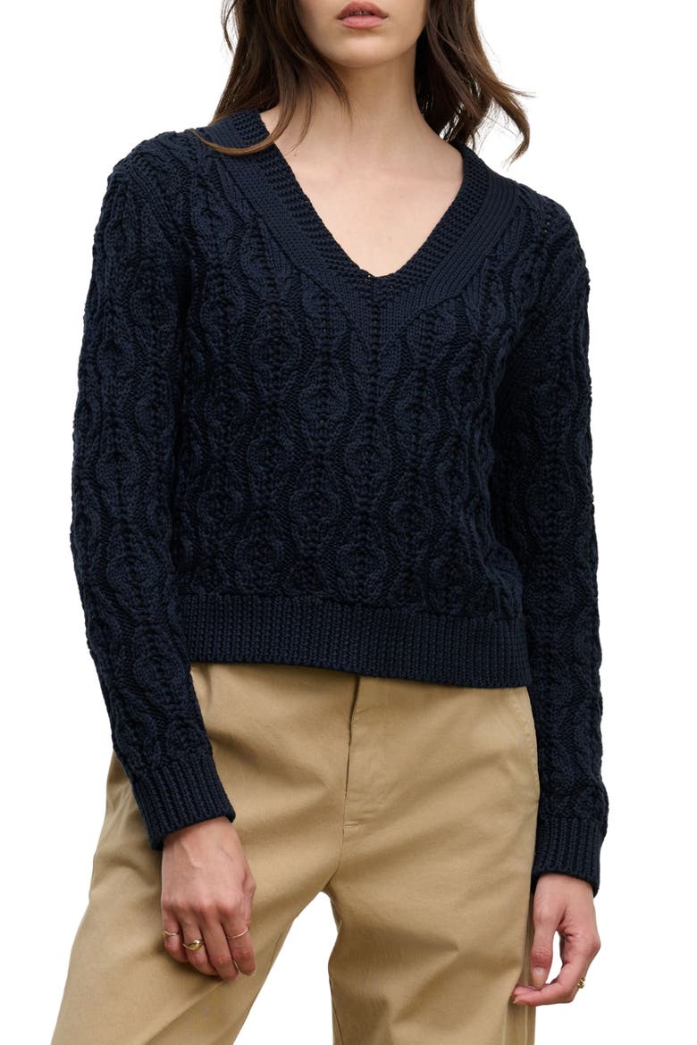 Joyce Cable Knit V-Neck Sweater, Main, color, NAVY