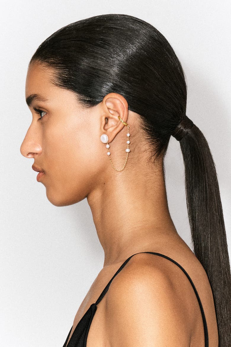 Asymmetric Freshwater Pearl Chain Cuff Earrings, Alternate, color, GOLD