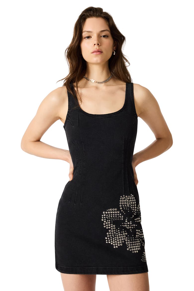 Rosella Beaded Floral Detail Denim Minidress, Alternate, color, WASHED BLACK