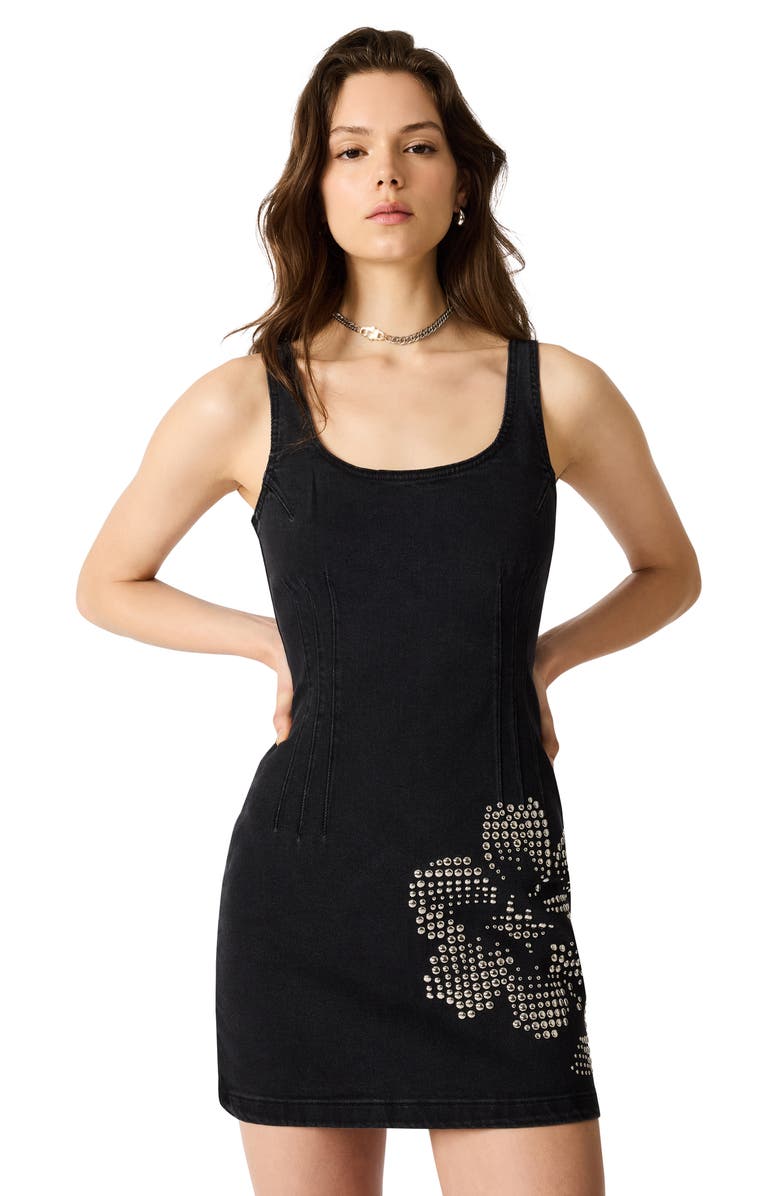 Steve Madden Rosella Beaded Floral Detail Denim Minidress, Alternate, color, Washed Black