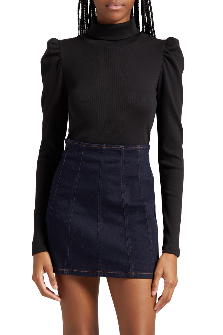 Cedar Rib Puff Sleeve Cotton Turtleneck, Main, color, BLACK