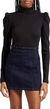 Veronica Beard Cedar Rib Puff Sleeve Cotton Turtleneck