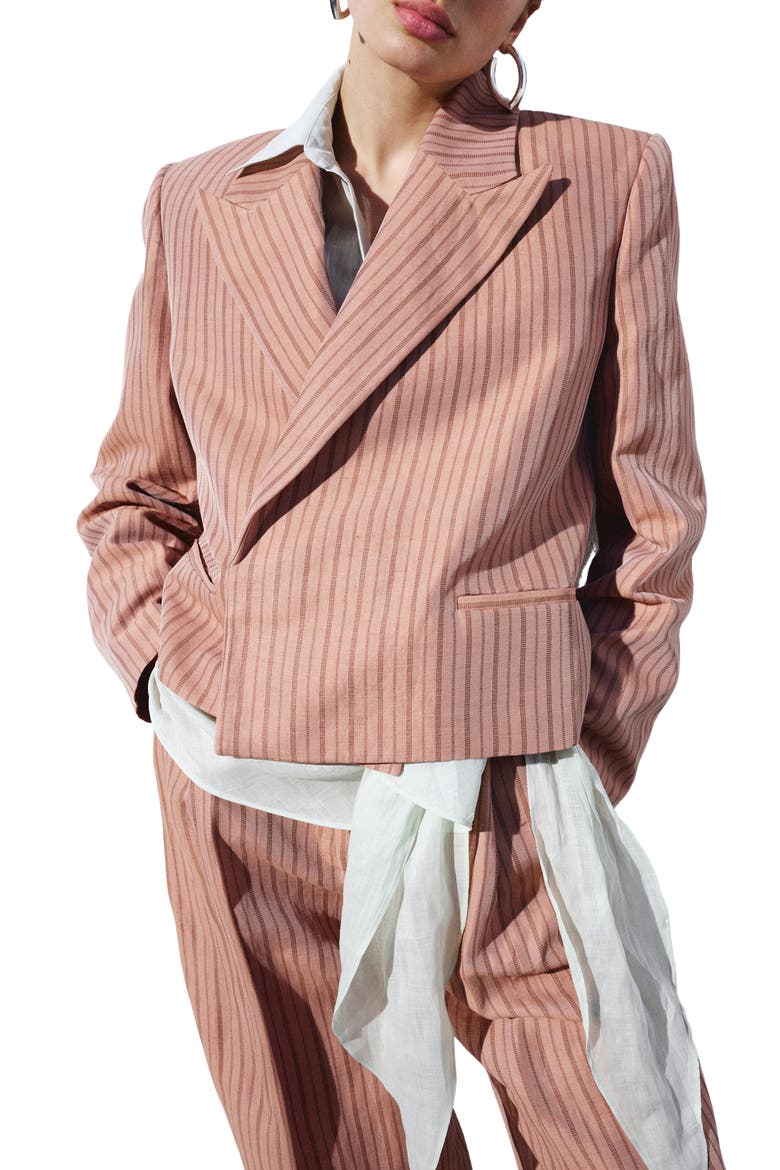 Stripe Crop Linen Blend Blazer, Main, color, PINK