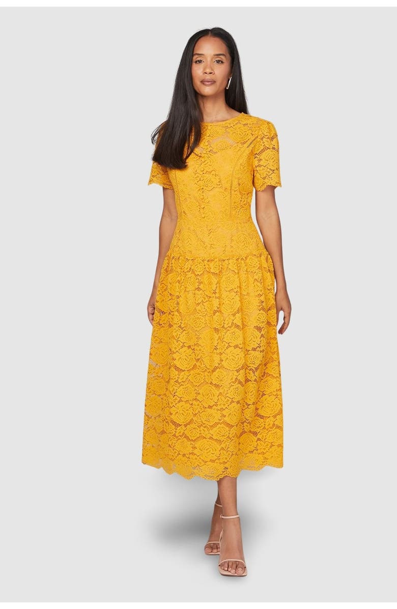 Wallis Lace Button Detail Drop Hem Midi Dress, Main, color, Mustard