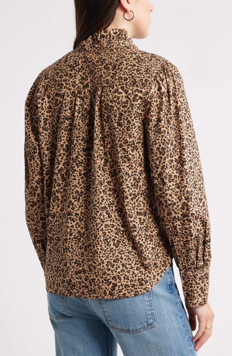 Caslon<sup
®</sup
Ruffle Puff Sleeve Cotton Button-Up Shirt, Alternate, color, Tan Tannin Jackie Leopard
