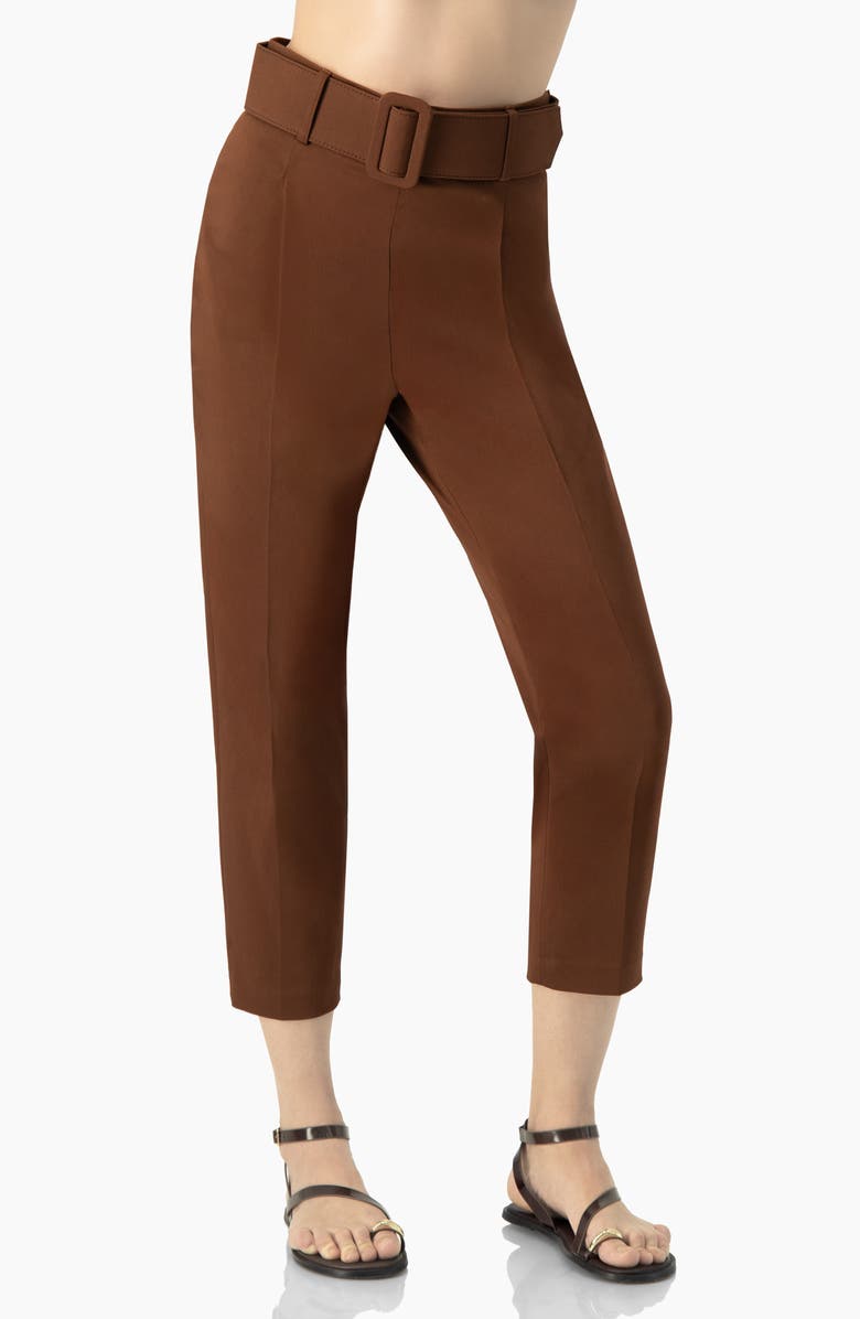 IVONNE Straight-Leg Gabardine Pants with Belt, Main, color, Brown