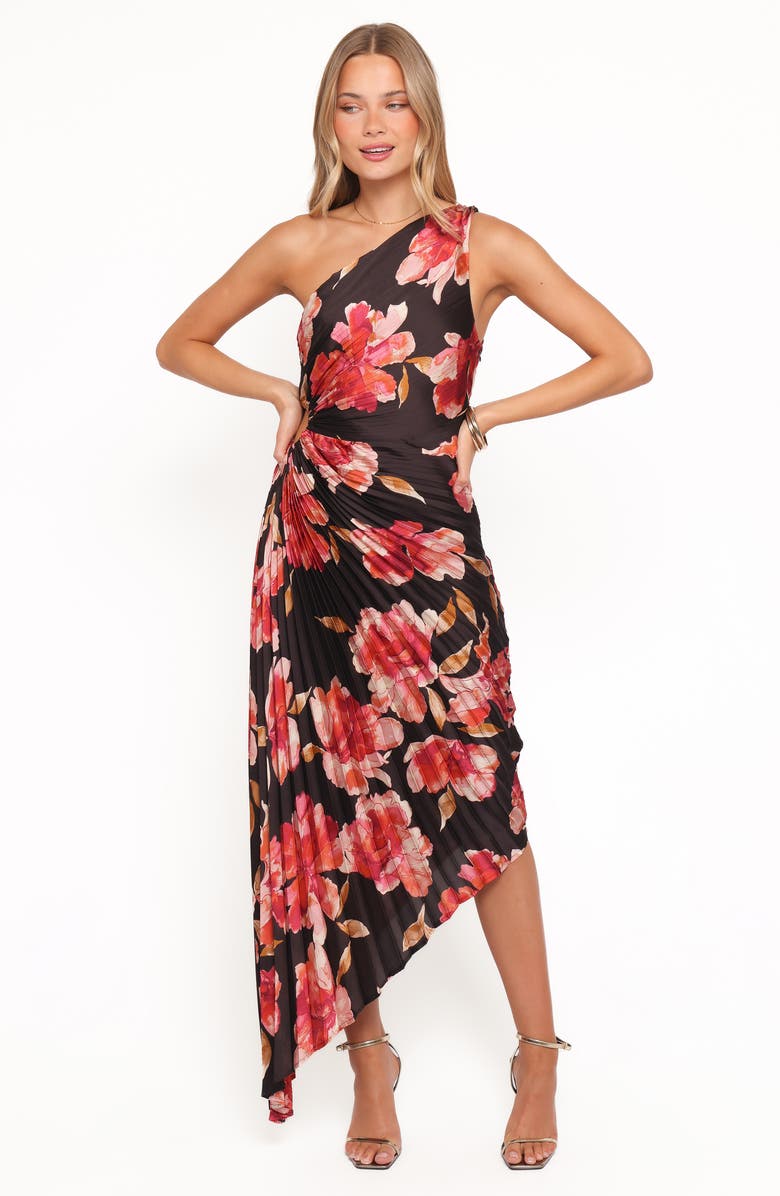 Petal & Pup Kleo Floral Pleated One-Shoulder Satin Cocktail Dress, Alternate, color, Midnight Orchid