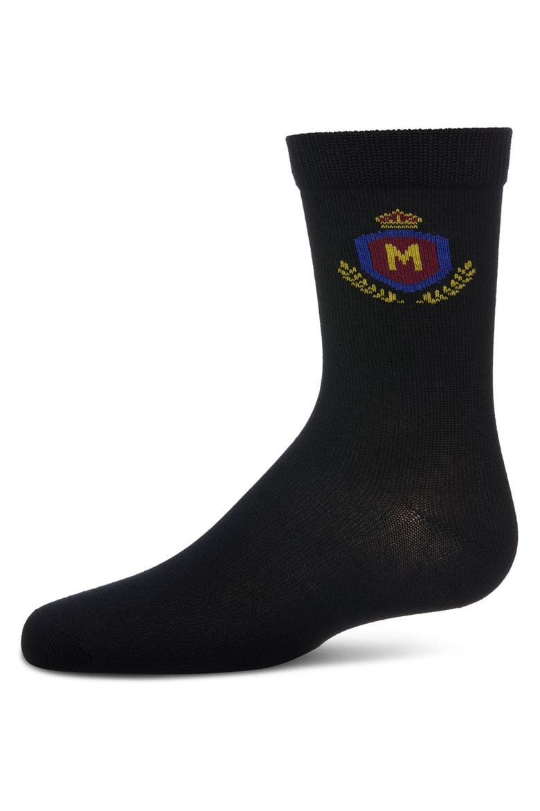 Stitched M Crest Solid Color Dress Crew Socks, Main, color, Black