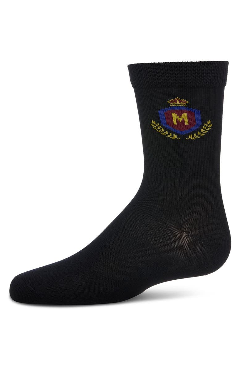 MeMoi Stitched M Crest Solid Color Dress Crew Socks, Main, color, Black