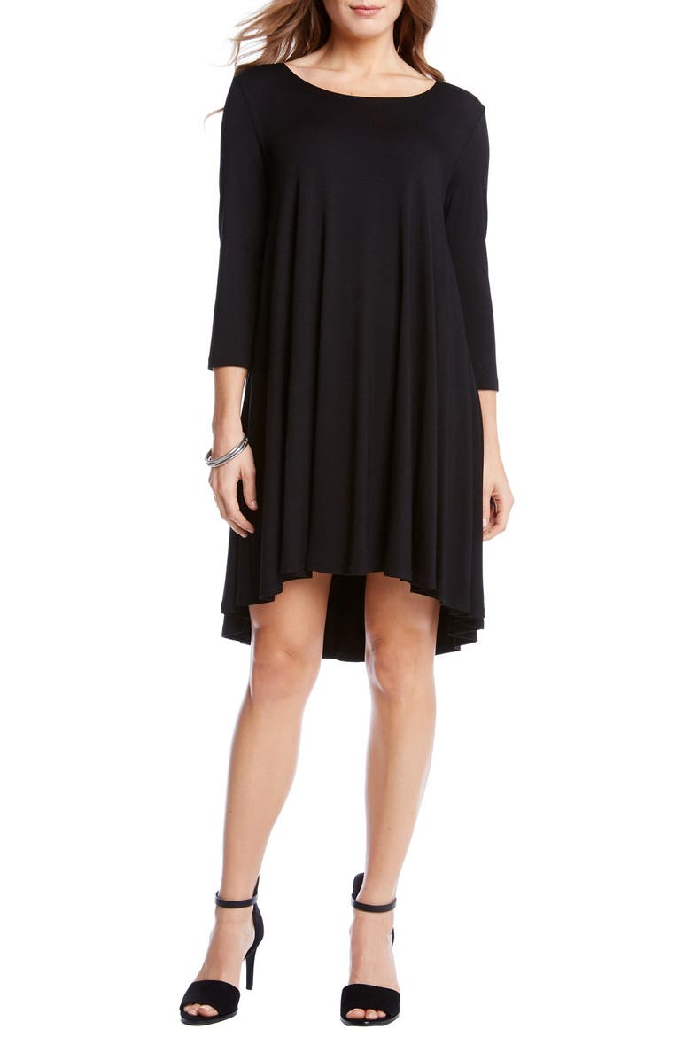'Maggie' Three Quarter Sleeve Trapeze Dress, Alternate, color, BLACK
