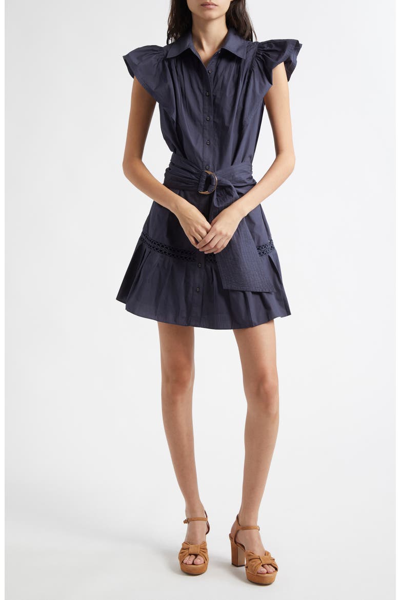 Pleated Belted Flutter Sleeve Minidress, Main, color, SPRING NAVY