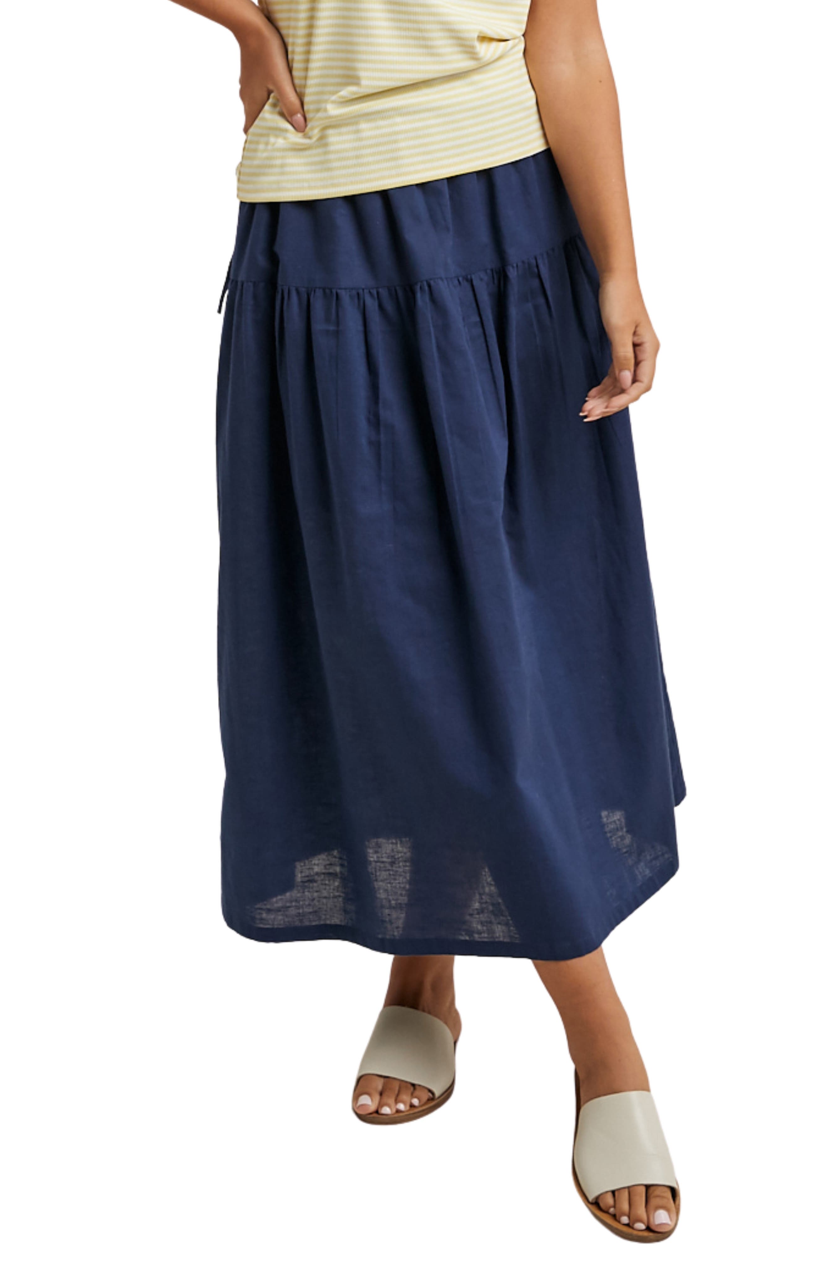 Drawstring Cotton & Linen Blend Midi Skirt