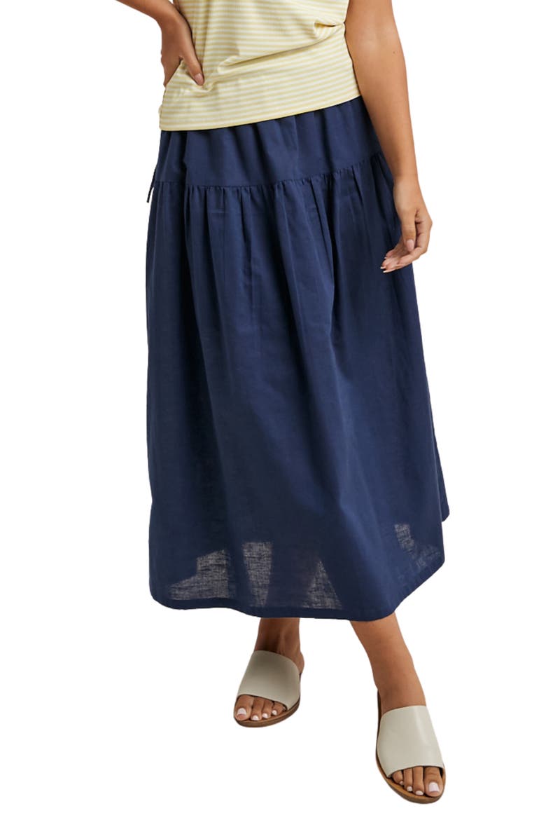 Drawstring Cotton & Linen Blend Midi Skirt, Main, color, NAVY