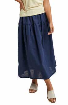 Drawstring Cotton & Linen Blend Midi Skirt