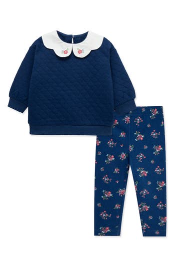 Little Me Scalloped Peter Pan Collar Sweatshirt & Leggings In Blue