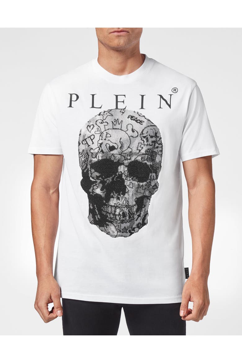 T-Shirt Round Neck Skull Men, Main, color, white