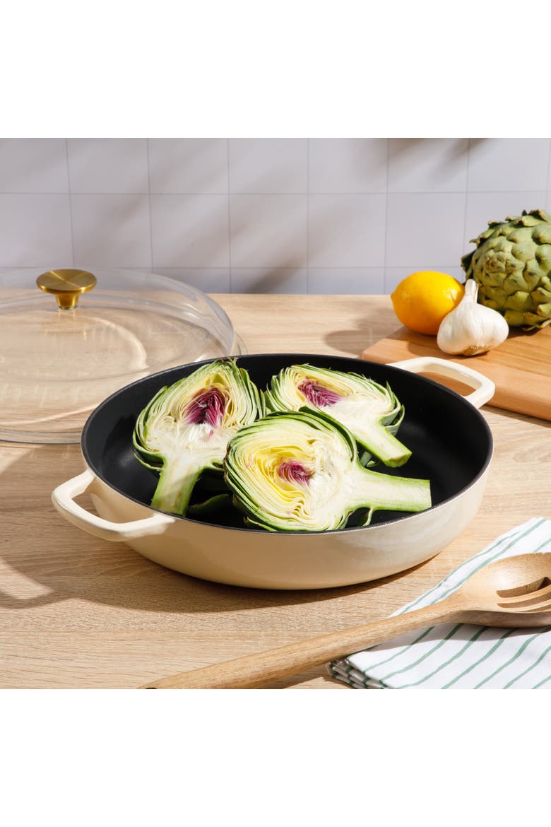 Enameled Cast Iron 7-in-1 Multipurpose Braiser Pan with Borosilicate Glass Lid, Alternate, color, Linen White