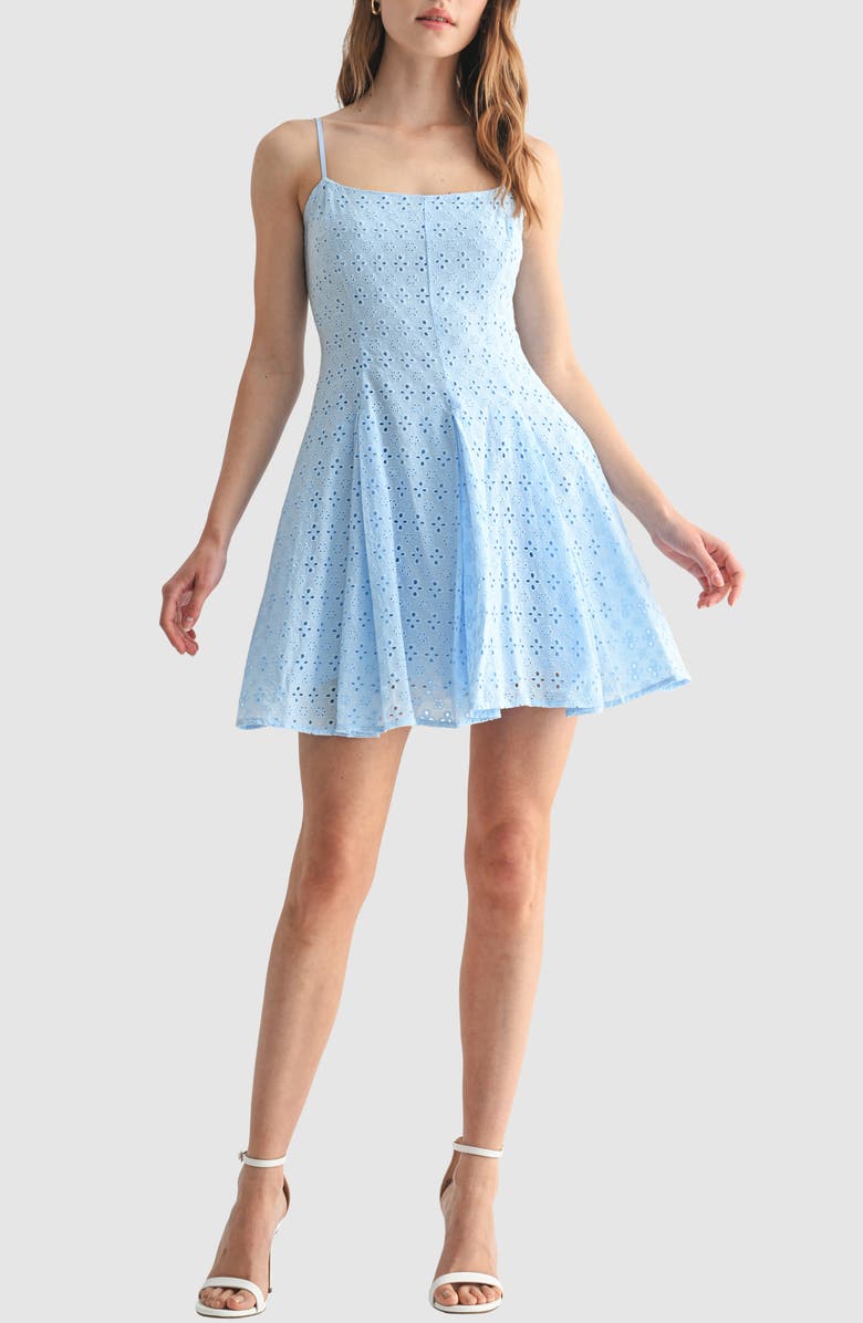 All in Favor Eyelet Fit & Flare Minidress, Main, color, Chambray