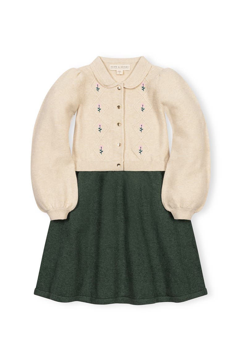 Kids' Organic Button Front Collared Sweater Dress, Main, color, Ivory and Dark Green Heather