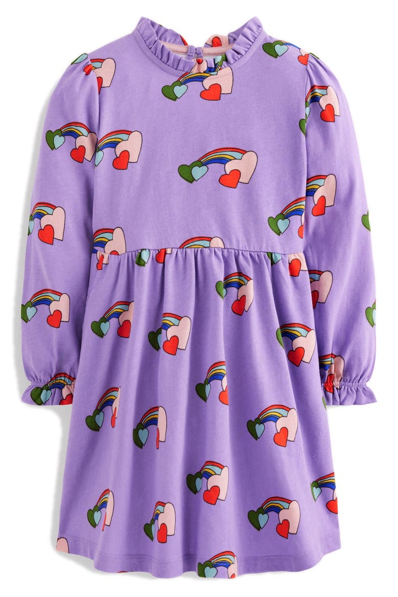 Kids' Rainbow Heart Print Long Sleeve Cotton Jersey Dress, Main, color, PURPLE LOVE RAINBOW