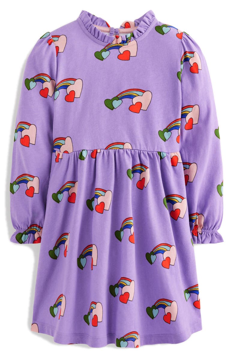 Mini Boden Kids' Rainbow Heart Print Long Sleeve Cotton Jersey Dress, Main, color, Purple Love Rainbow