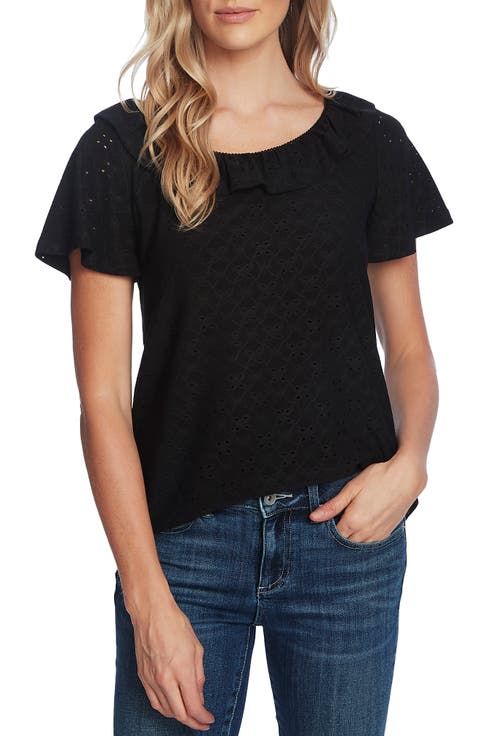 Ruffle Neck Eyelet Knit Top