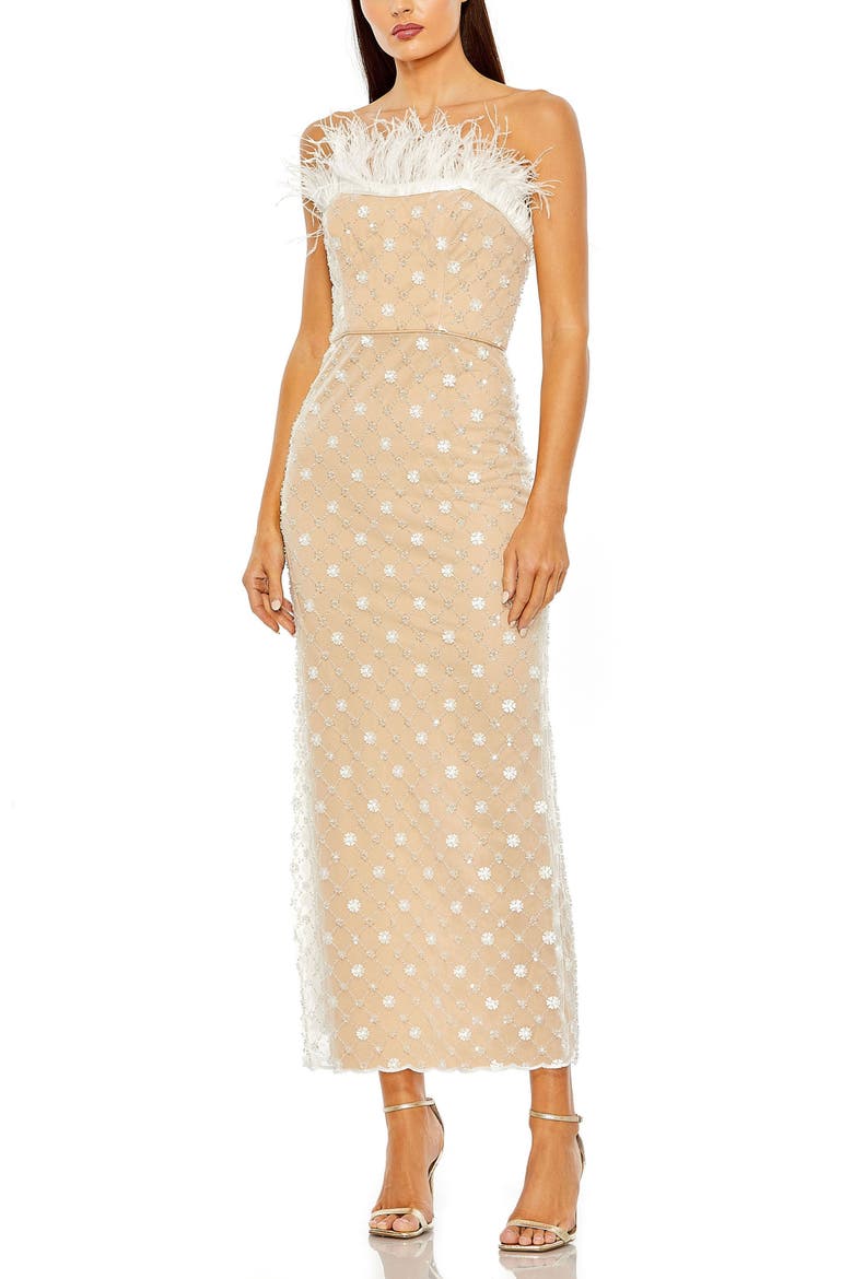 Floral Embellished Mesh Gown with Blouson Bodice and Fitted Skirt, Main, color, Ivory Nude