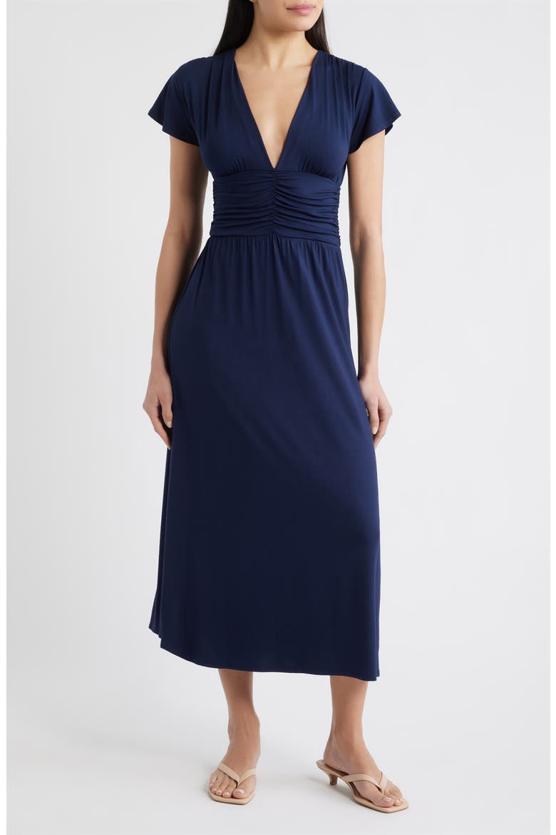 Ruched Bodice Midi Dress, Main, color, NAVY