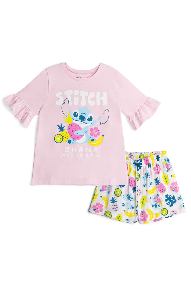 Lilo & Stitch 2-Piece Short Sleeve Tee and Gauze Shorts Set, Main, color, Pink White Stitch