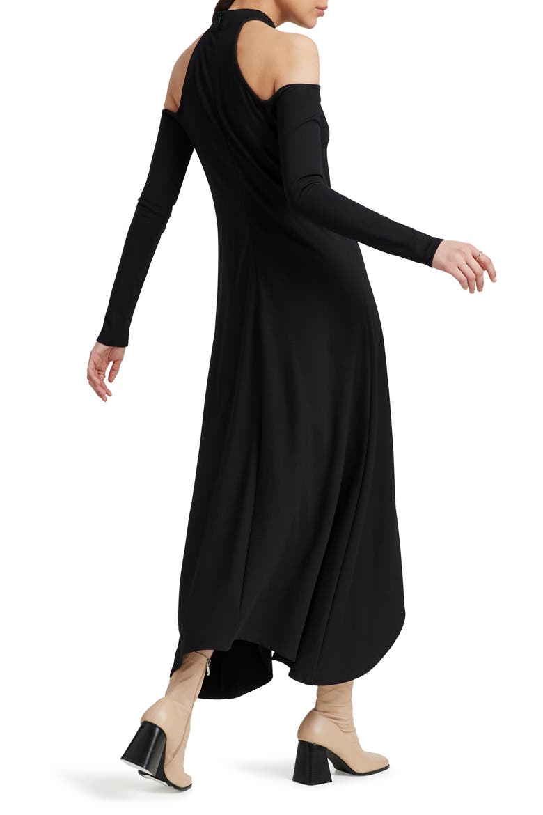 Kalene Cold Shoulder Long Sleeve High-Low Maxi Dress, Alternate, color, BLACK