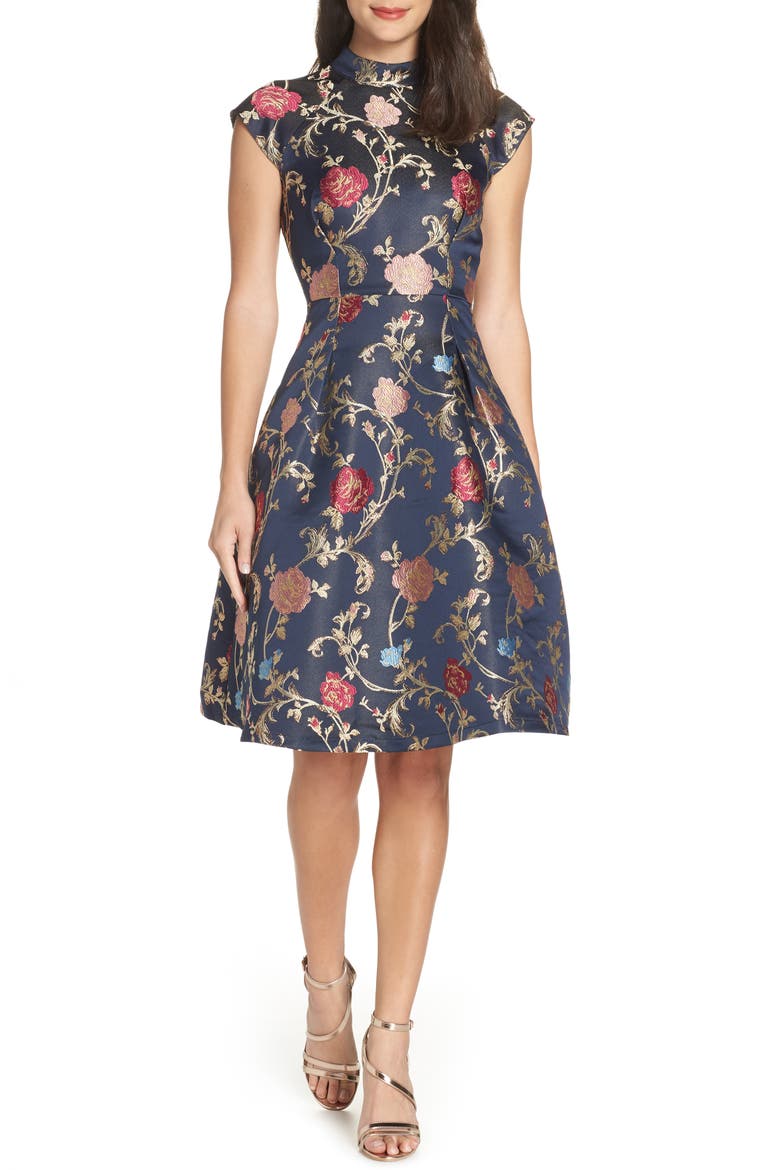Floral Print Party Dress, Main, color, NAVY