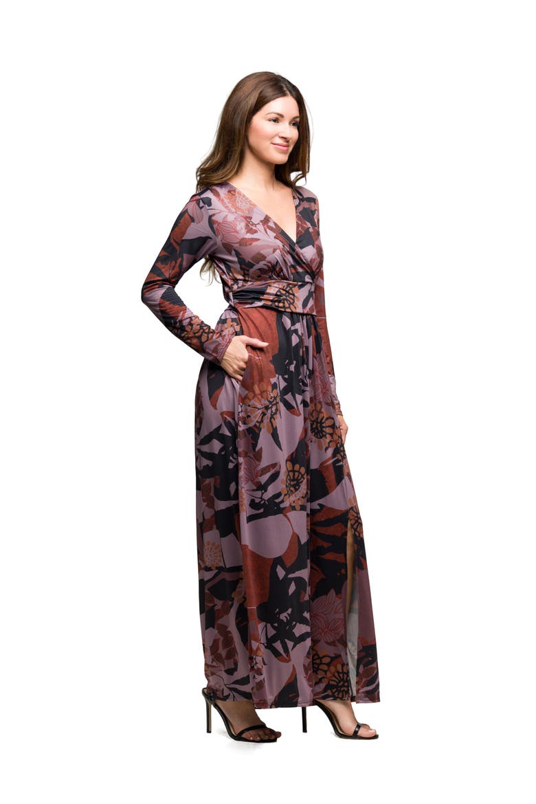 Floral Print Long Sleeve Wrap Maxi Dress, Alternate, color, Gray Multi