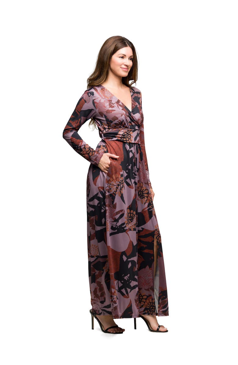 24seven Comfort Apparel Floral Print Long Sleeve Wrap Maxi Dress, Alternate, color, Gray Multi