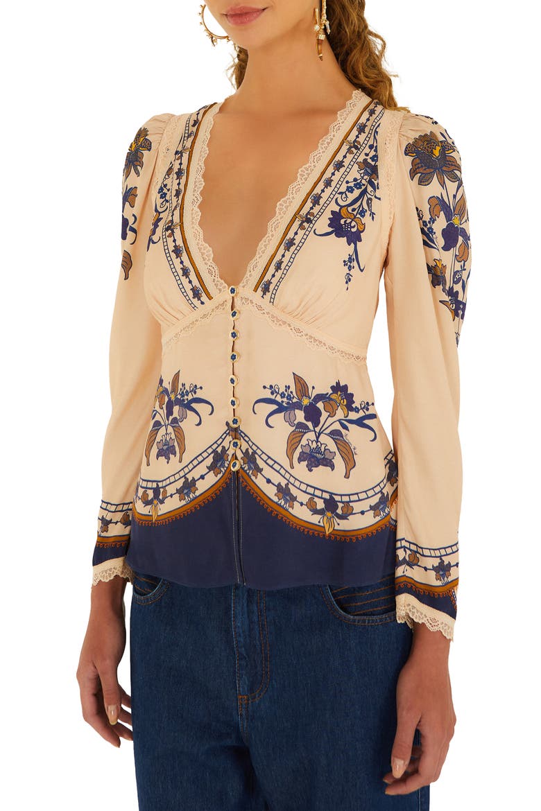 Liz Lace Trim Print Top, Main, color, BEIGE