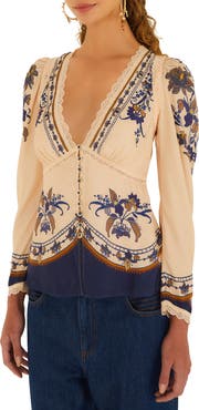 FARM Rio Liz Lace Trim Print Top