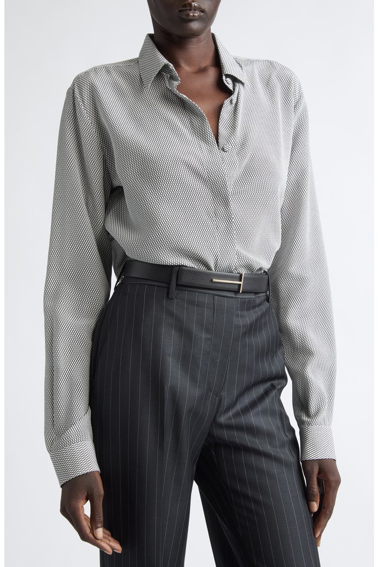 Geo Print Silk Crepe Button-Up Shirt, Alternate, color, OFF WHITE/ BLACK